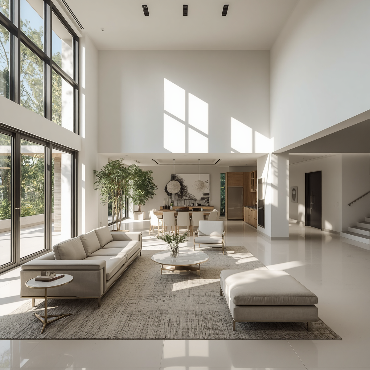 Bright modern living room with tall windows, beige sectional, and a large rug in sunlight