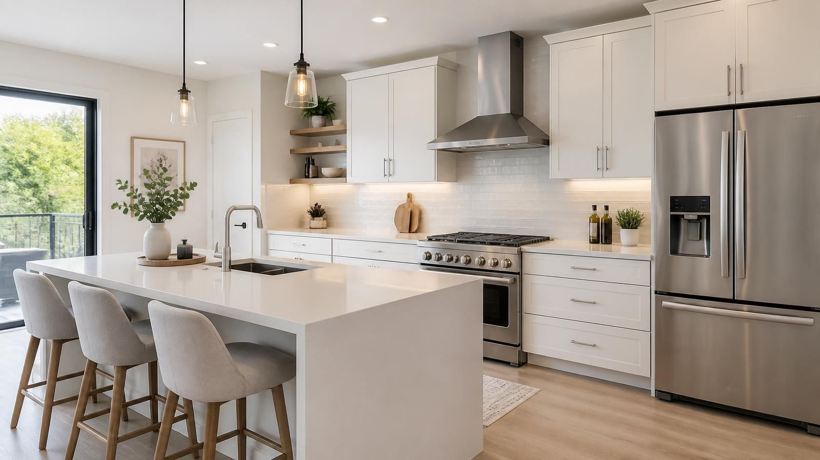 Modern kitchen with dark gray cabinets, white countertops, stainless stove, and brass faucet