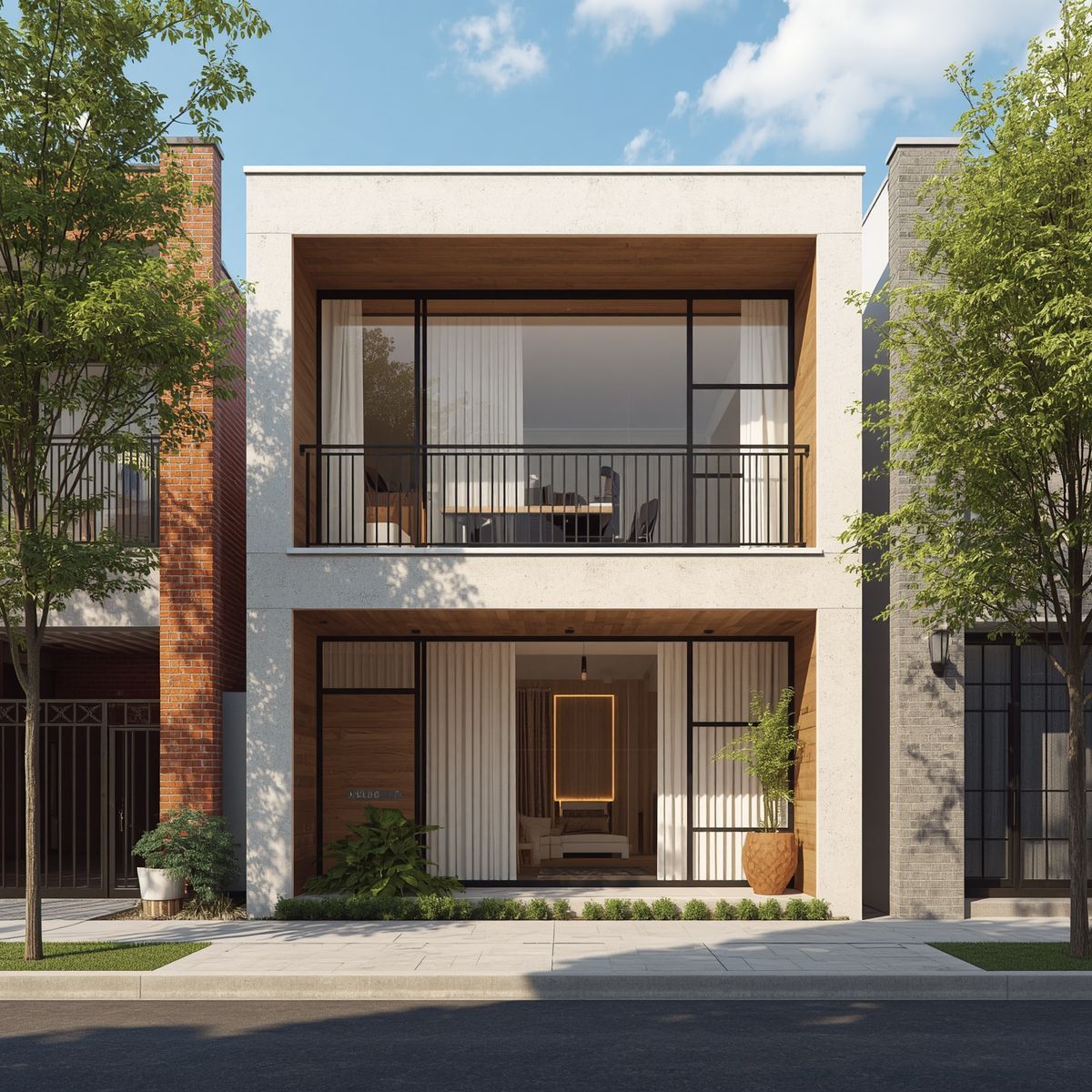 Modern two-story house with white facade, large windows, balcony, and street trees in front
