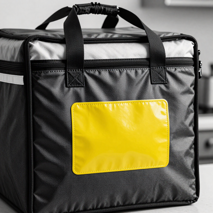 Borsa termica nera da consegna, con tasca frontale giallo acceso e manico superiore, appoggiata su un tavolo