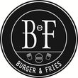 Logo in bianco e nero con la scritta “BF Burger & Fries” e le icone di un hamburger e di patatine fritte