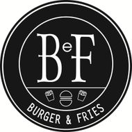 Logo in bianco e nero con la scritta “BF Burger & Fries” e le icone di un hamburger e di patatine fritte