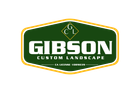 A green and yellow logo for gibson custom landscape.
