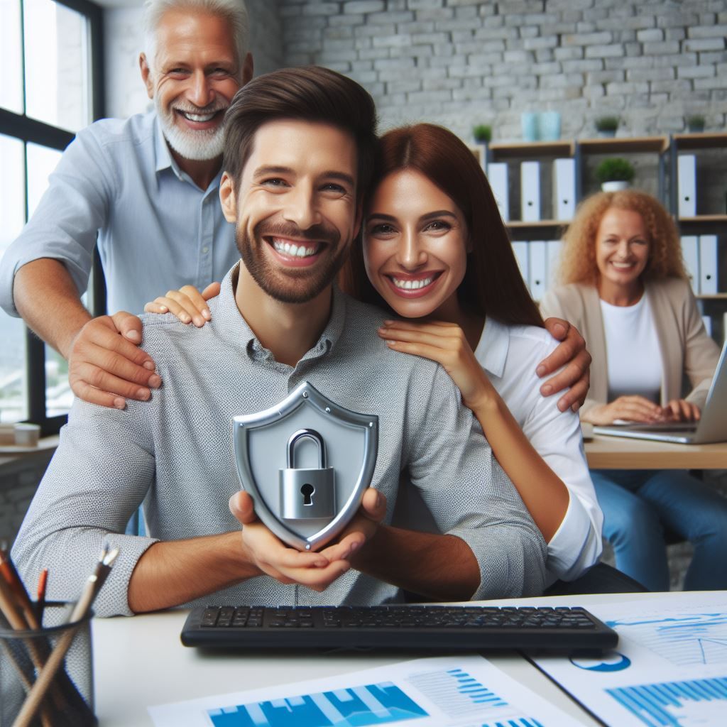 a man is holding a shield with a padlock on it symbolizing being protected by cyber security and insurance