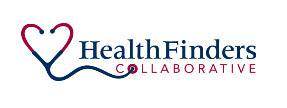 A logo for health finders collaborative with a heart and stethoscope.
