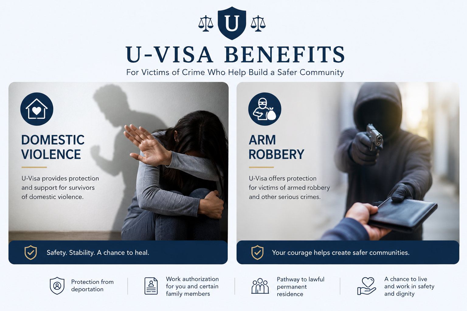 U-Visa Benefits flyer with domestic violence and armed robbery panels, showing a woman with police lights and a phone on a dark background