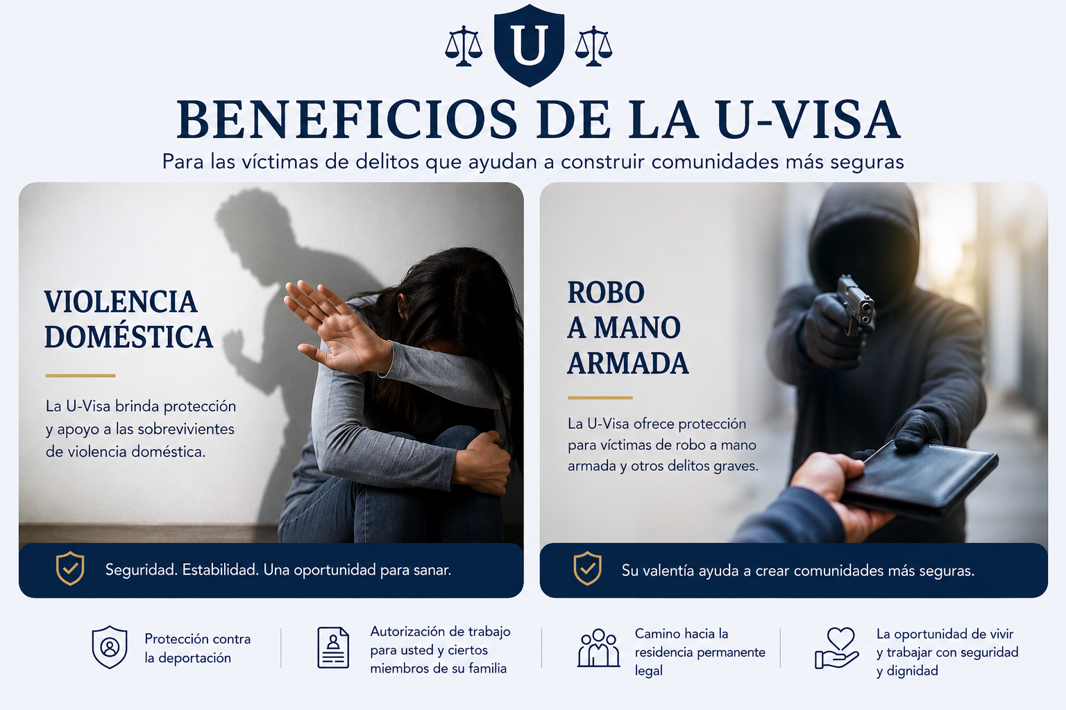 Cartel informativo sobre la visa U con fondo azul, que destaca la violencia doméstica y el robo a mano armada.