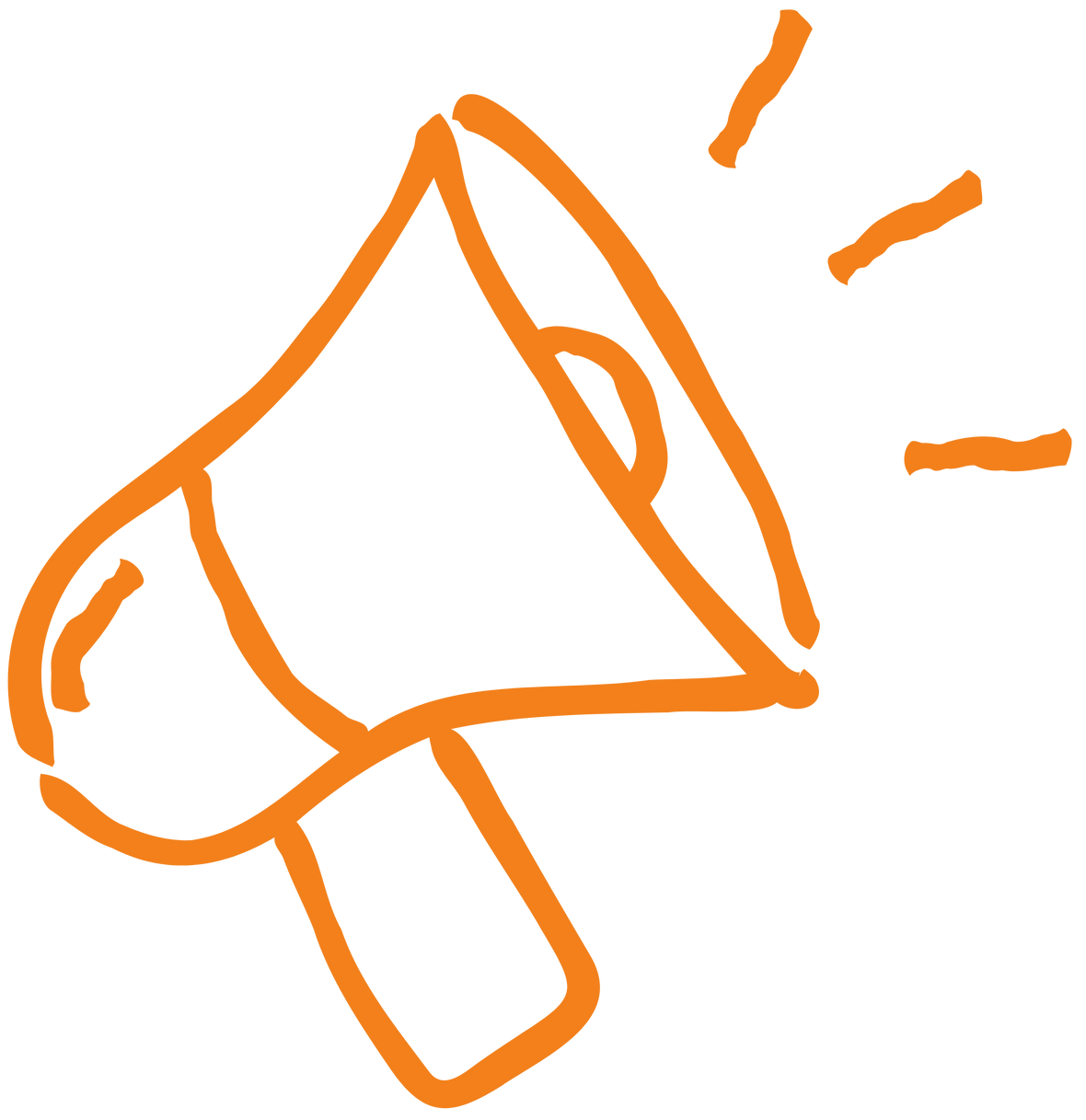 Orange line drawing of a megaphone, with sound lines emanating from it.