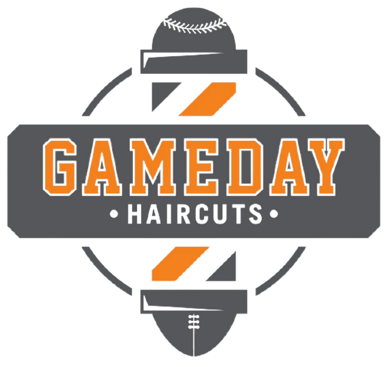 Logo for Gameday Haircuts. Barber pole with baseball on top and football at bottom, text “GAMEDAY HAIRCUTS”.