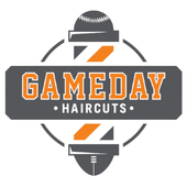 Logo for Gameday Haircuts. Includes baseball and football, barber pole design, and text 