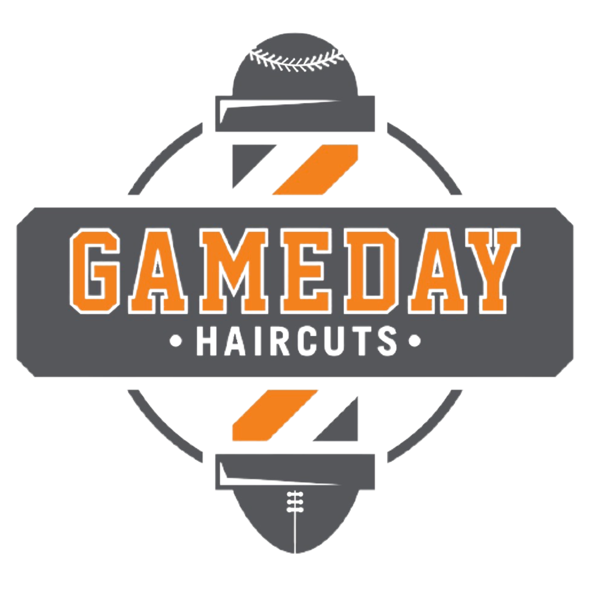 Logo for Gameday Haircuts. Includes baseball and football, barber pole design, and text 