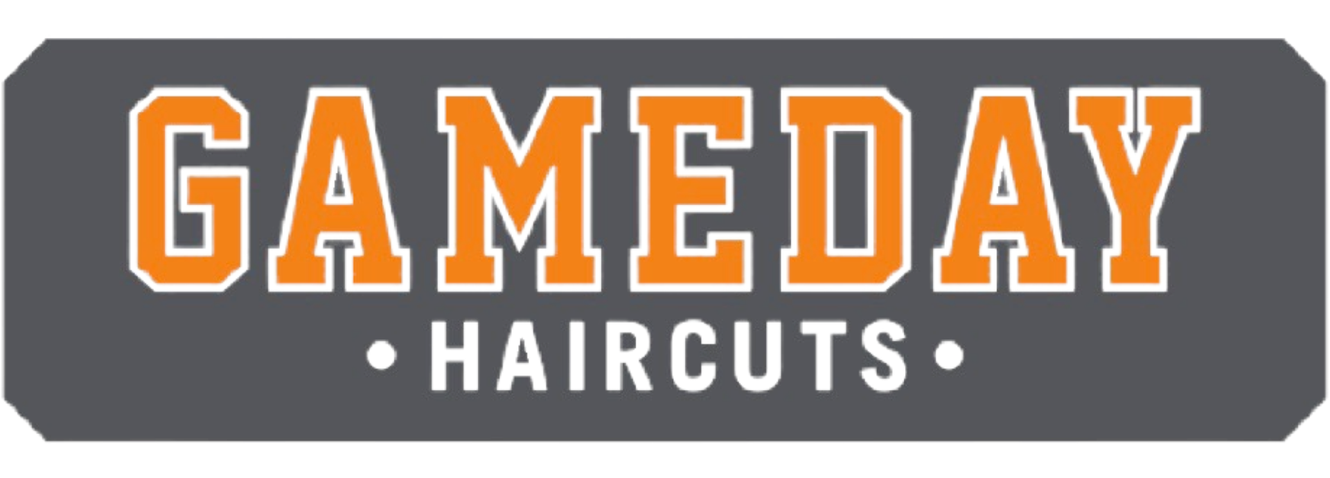 Logo for Gameday Haircuts. Orange text with white outline over gray background.