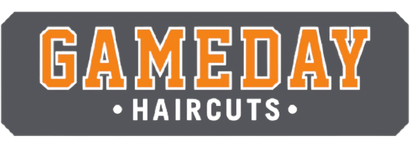 Logo for Gameday Haircuts. Orange text with white outline over gray background.
