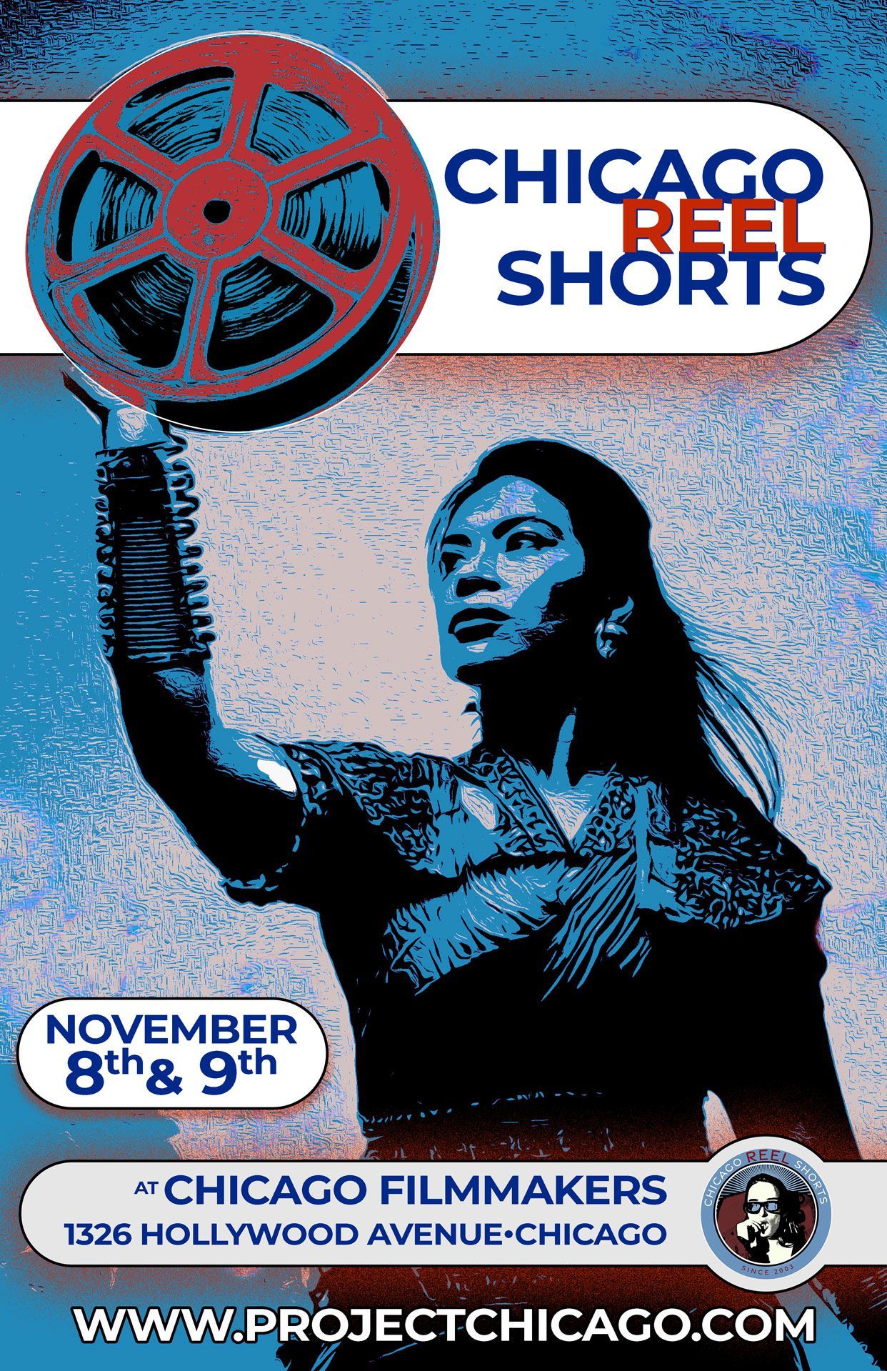 Poster for Chicago Reel Shorts: a woman holding a film reel. Event is at Chicago Filmmakers, Nov 8th & 9th.