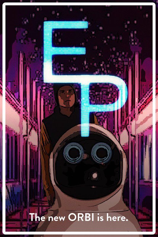 A futuristic scene with a person and a robot. Glowing