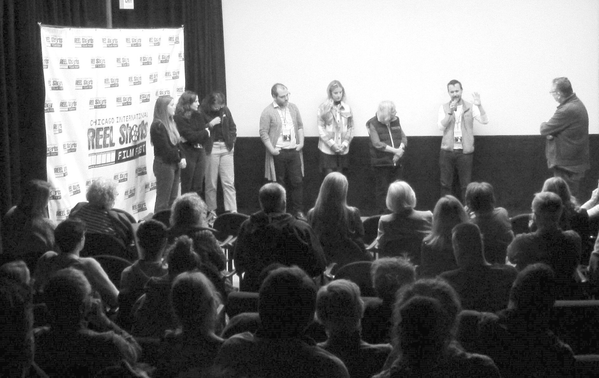 Audience watching panelists on stage; film festival setting, people, cinema.