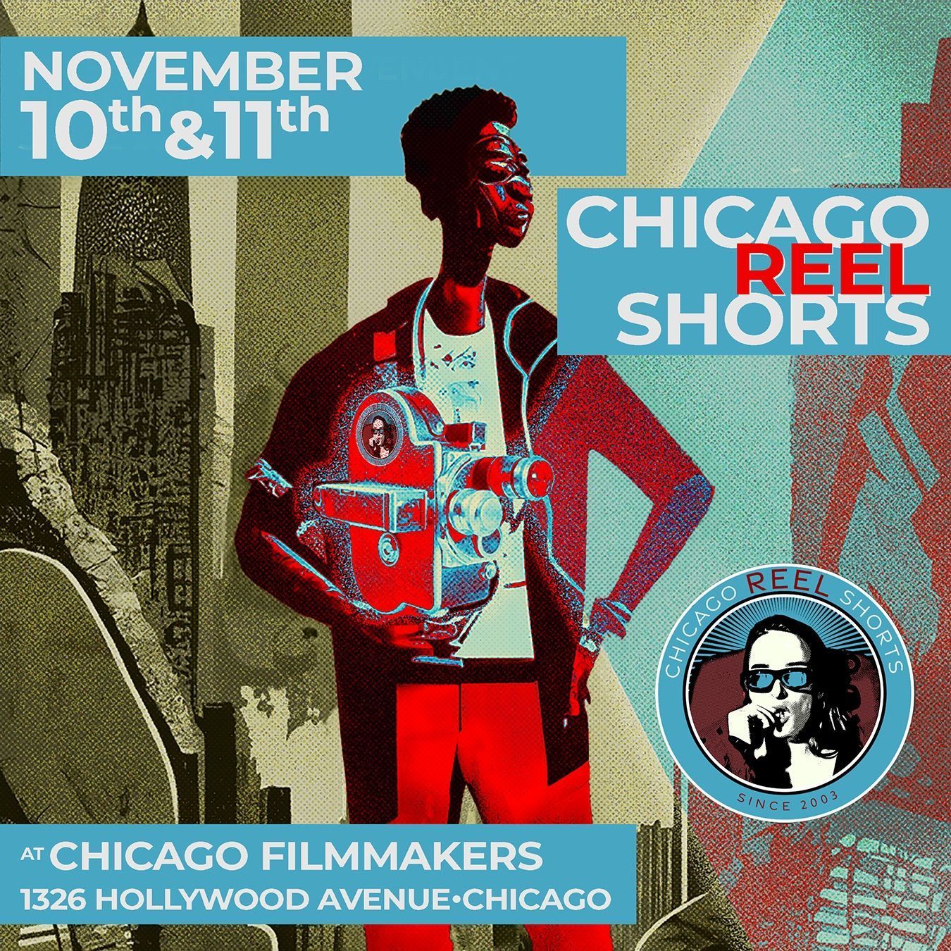 Poster for Chicago Reel Shorts film festival, November 10th & 11th at Chicago Filmmakers, featuring an illustration of a person holding a vintage camera.