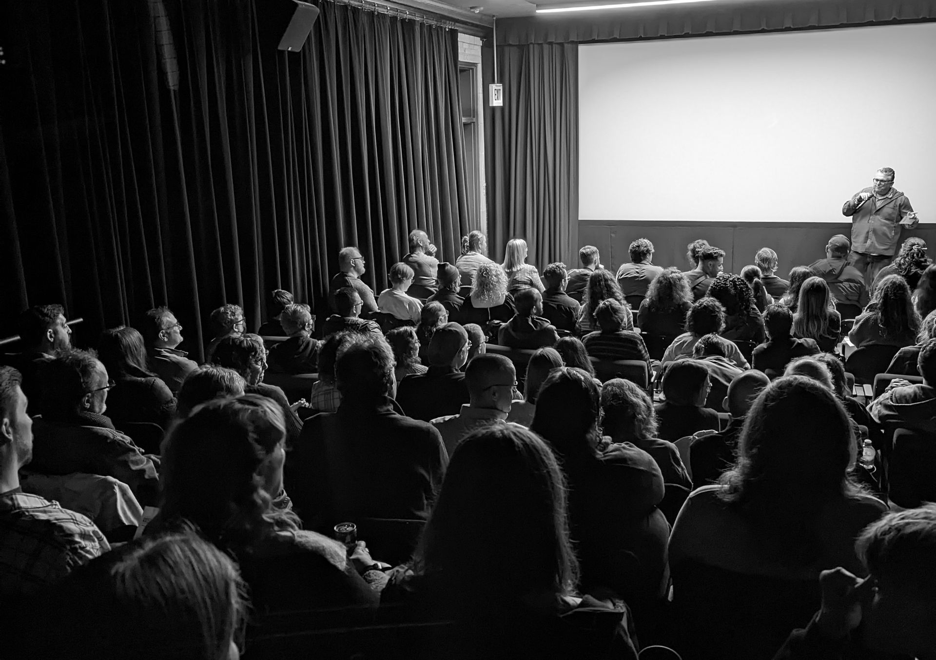 Audience watching presentation on a large screen in a darkened auditorium; presenter at the screen.