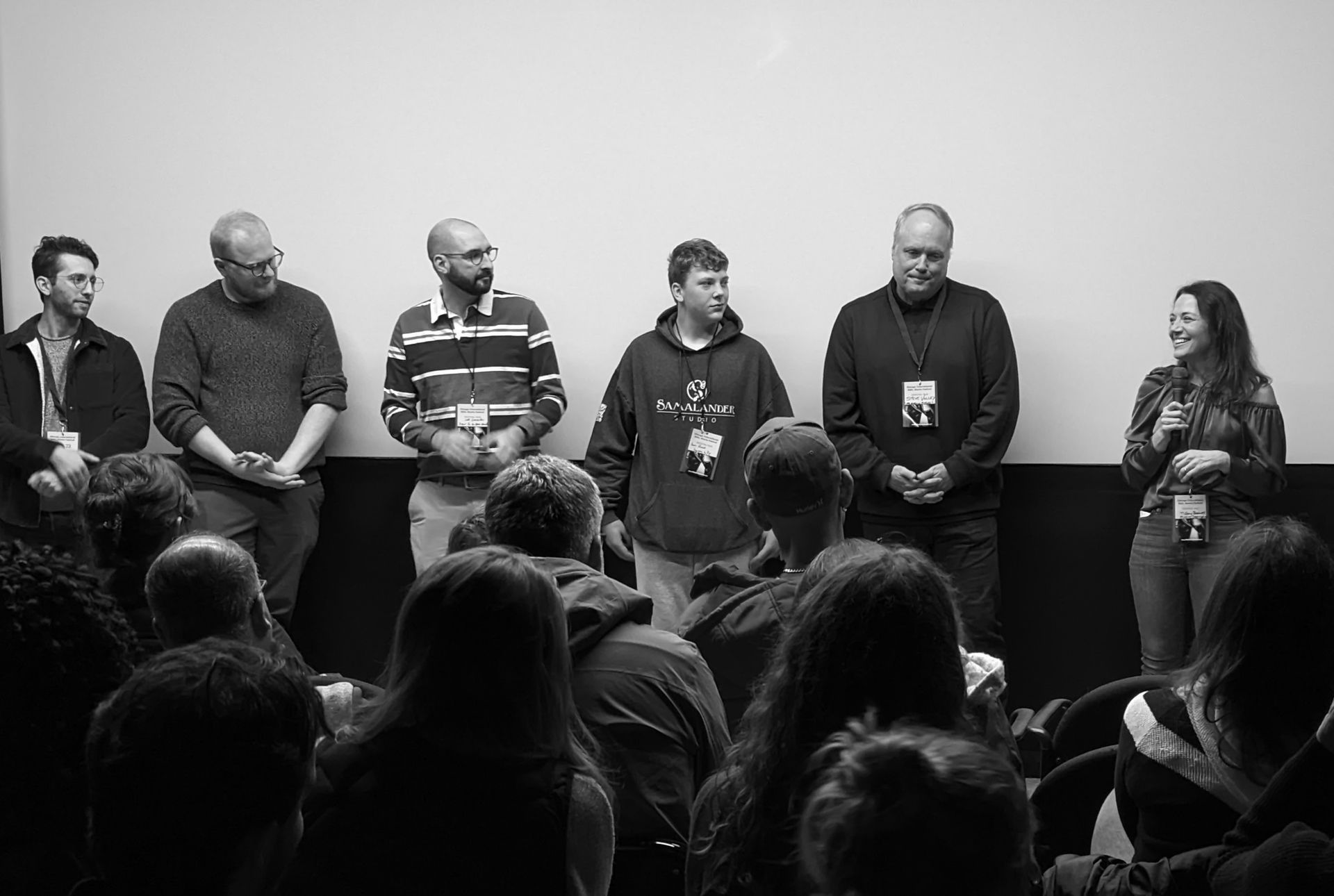Panel of seven people standing in front of a blank screen, speaking to an audience in a theater.