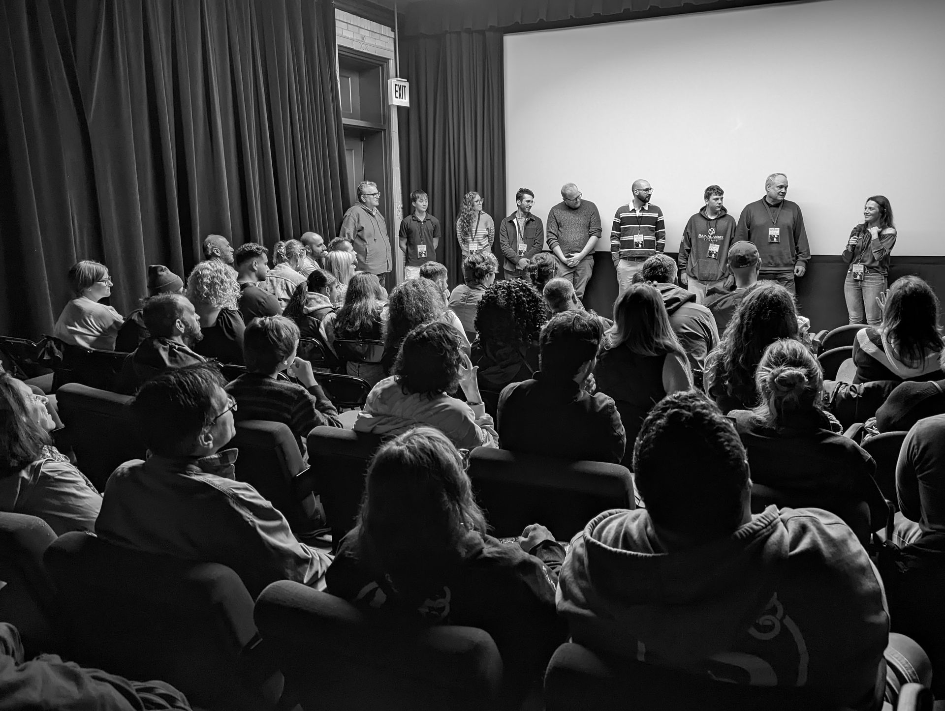 Audience watches a presentation in a dimly lit theater. A group stands on stage in front of the screen.