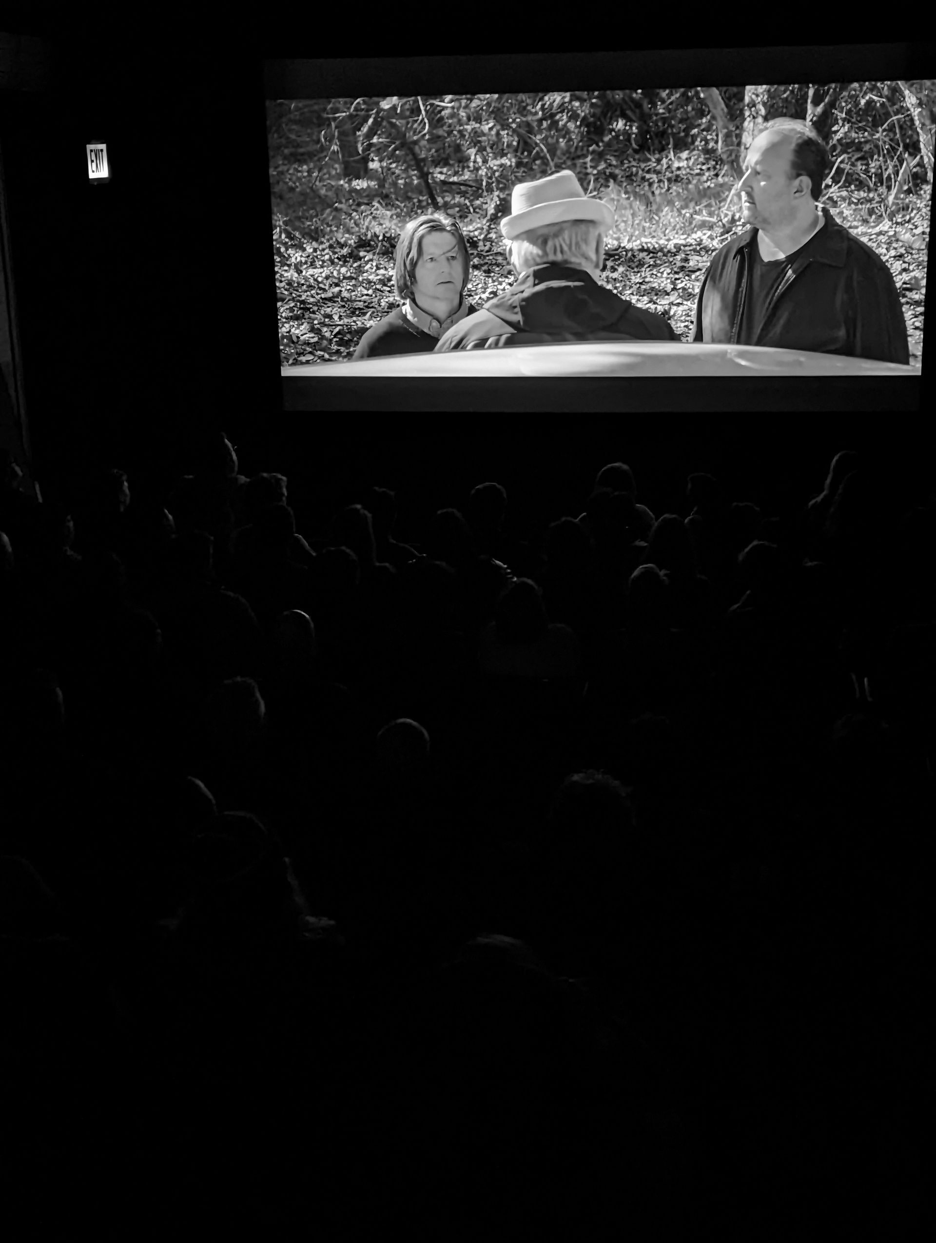 Audience watches a black and white film on a large screen in a dark theater.