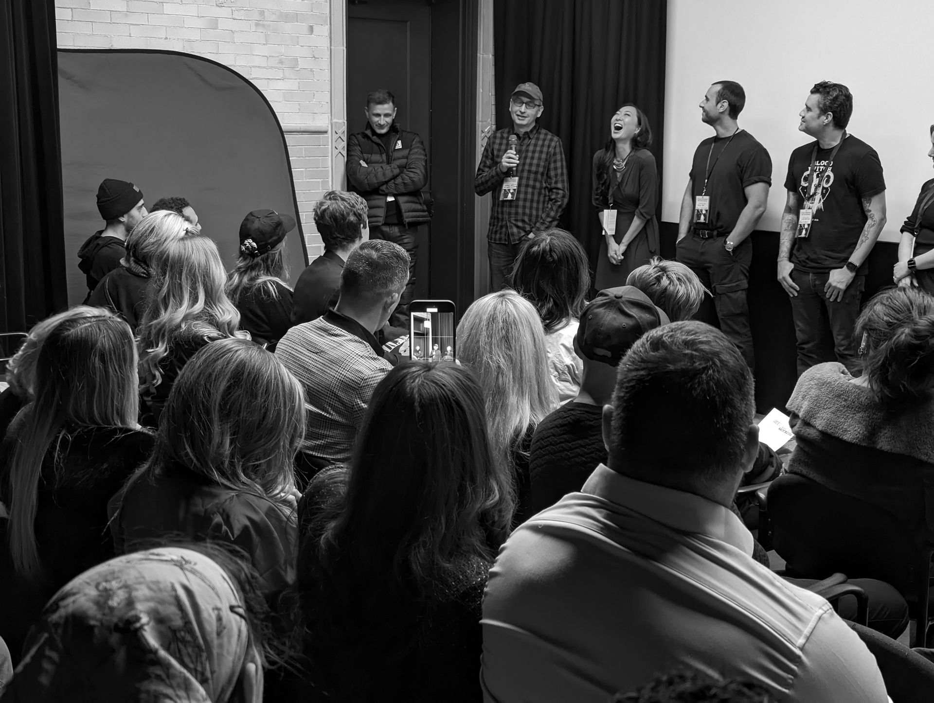 Audience at a panel discussion. Panelists stand on a stage, facing the crowd, in a dim lit room.