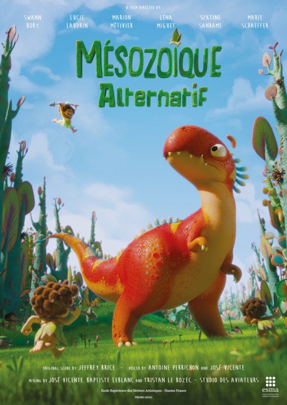 Cartoon dinosaur in a vibrant setting with small, furry humanoids; French movie poster,