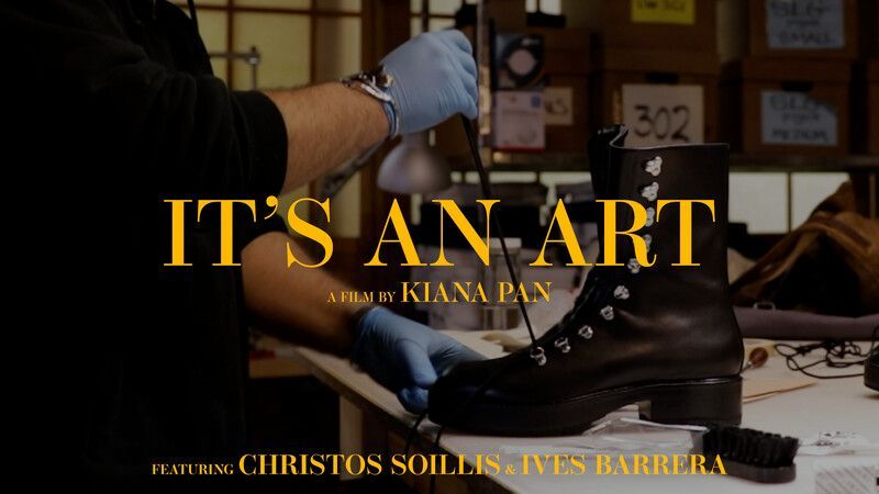 A person in blue gloves crafting a black boot. Text: