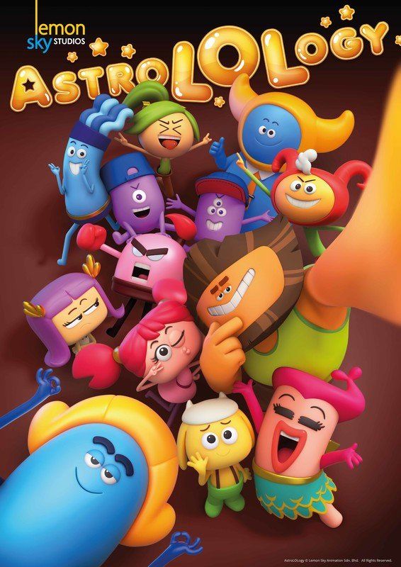 Cartoon characters representing zodiac signs, in bright colors.