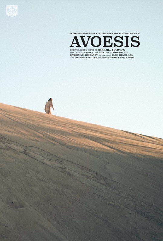 Person walking up a sand dune under a pale blue sky; movie poster for