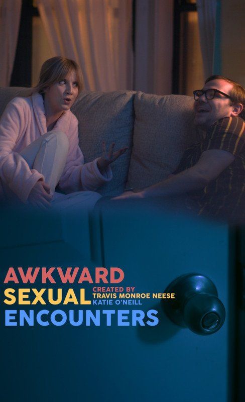 Woman in robe and man in glasses on couch, title