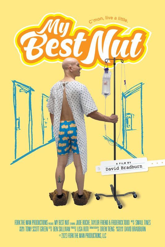 A bald man in a hospital gown and cloud-patterned boxers holds an IV stand. Title: My Best Nut.