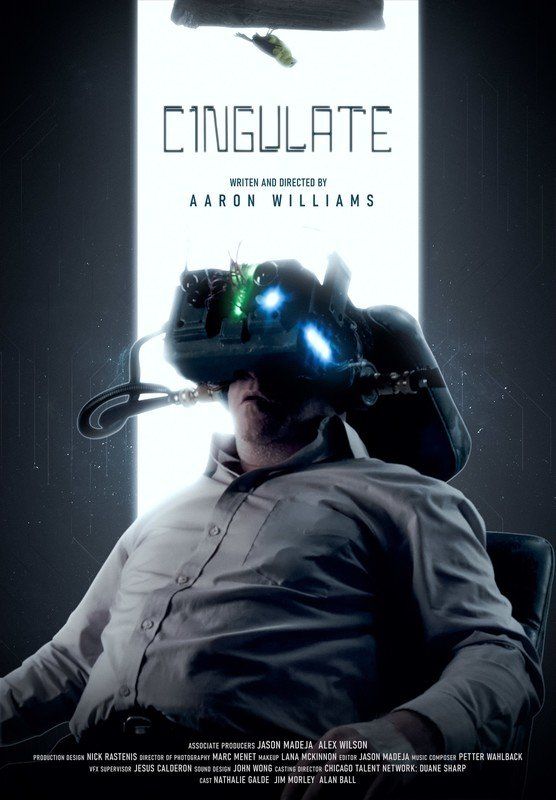Man wearing a VR headset in a sterile room. Text reads
