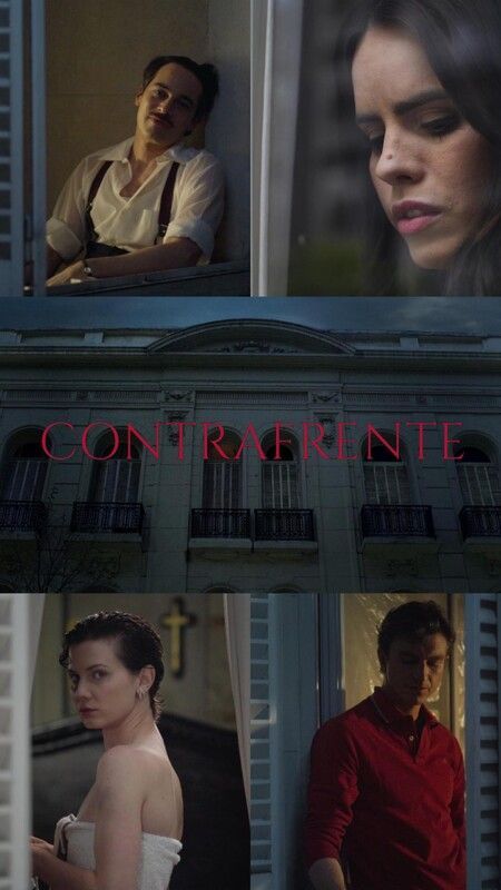 Vertical collage: People in windows, looking sad. Title