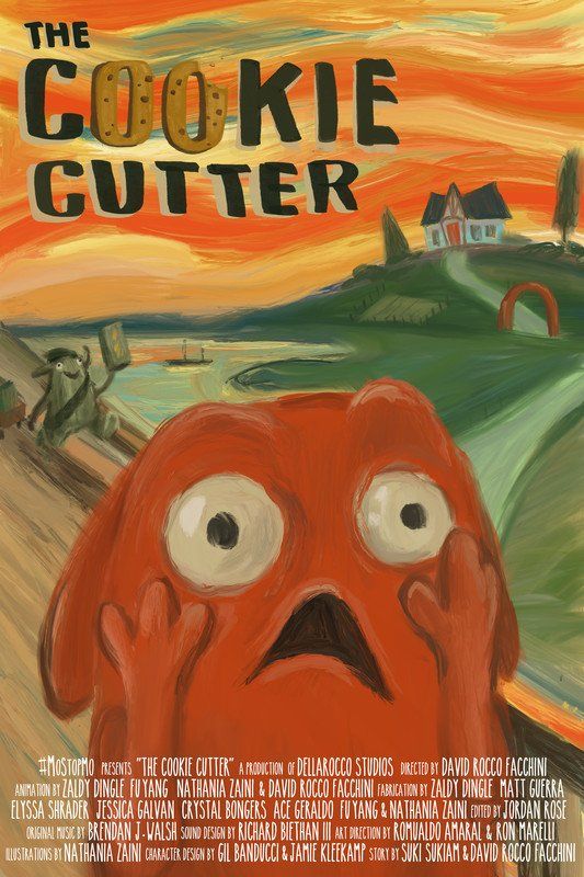 Orange blob with worried expression, road leading to house, man holding cookie cutter against sunset.