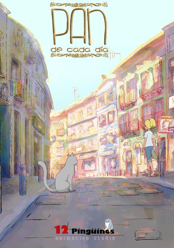 Street scene with a cat, a boy, and buildings; title reads