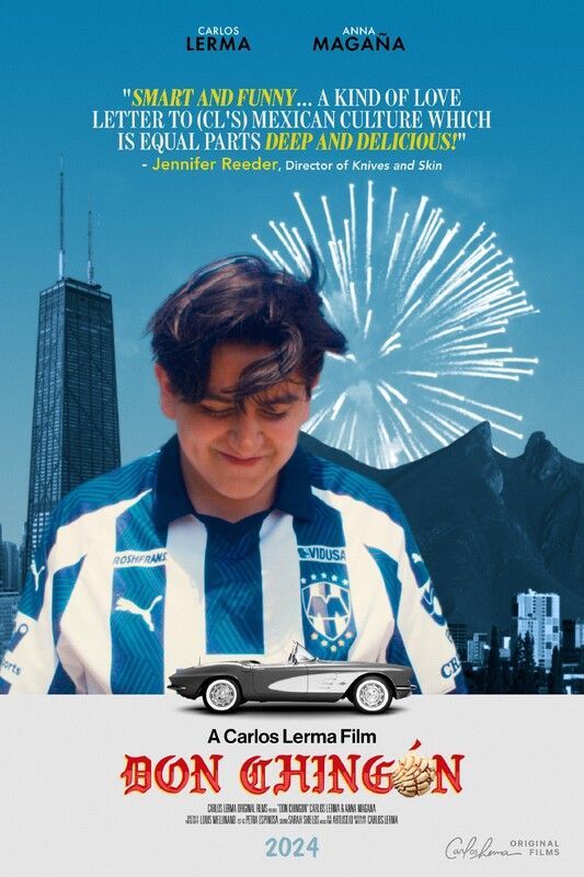 Movie poster: a young man in a soccer jersey smiles, a toy car in front of him, fireworks and city in the background.