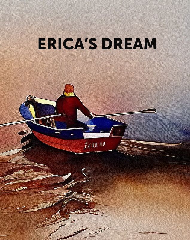 Man in red coat in a boat, rowing. Boat is on the water with a colorful, abstract background.