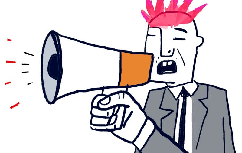 Man with pink mohawk yelling into a megaphone, wearing a suit.