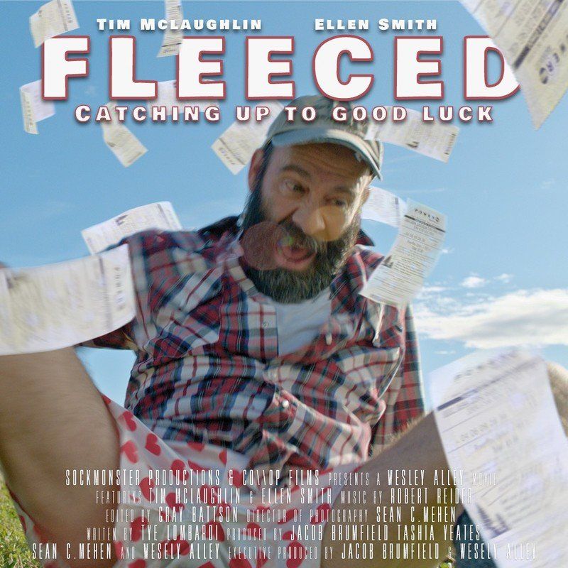 Man in plaid shirt and silly beard surrounded by falling lottery tickets, sky background.