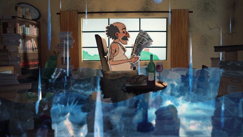Elderly man in chair, reading newspaper indoors; water floods the room around him.