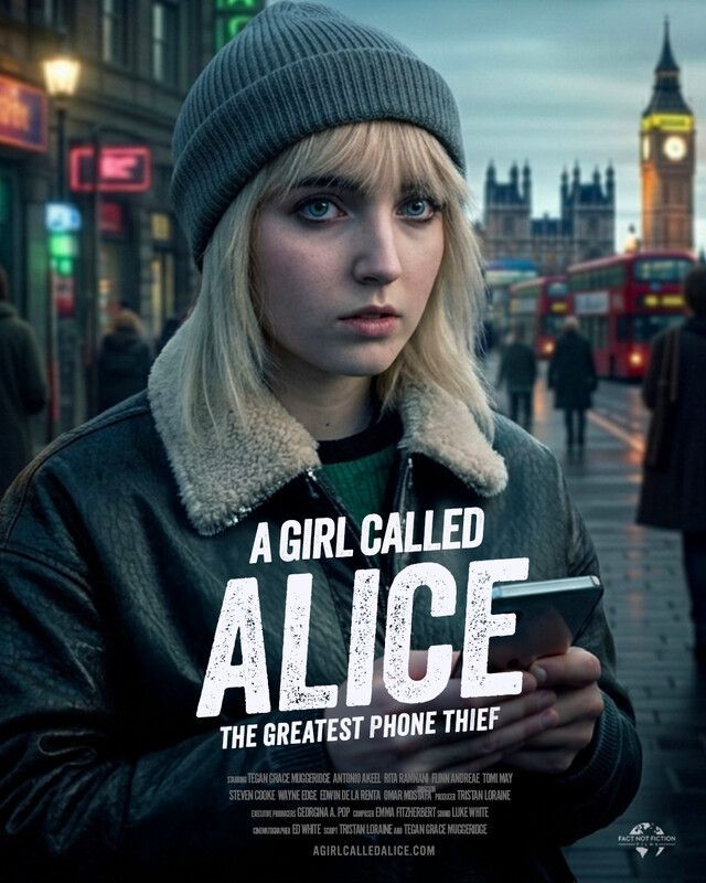 Blonde woman in a beanie on a rainy London street, with Big Ben behind and title text: “A Girl Called Alice”