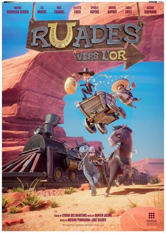 Animated movie poster: Cowboys chase treasure on a train in a desert setting.