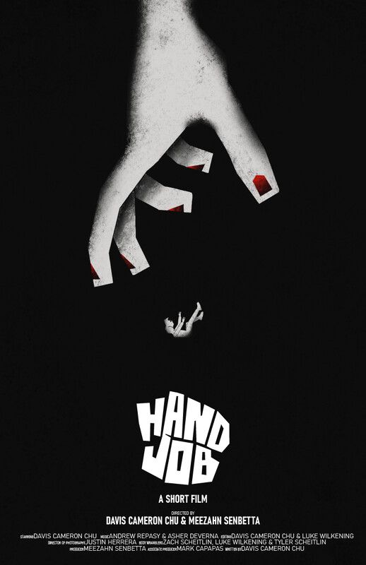 Black poster: a hand with red-painted nails reaches down toward a falling figure. Title: Hand Job.