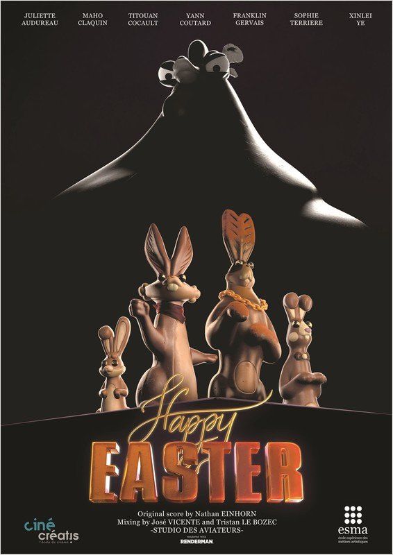 Movie poster: Animated chocolate bunnies on dark background with giant rabbit silhouette.