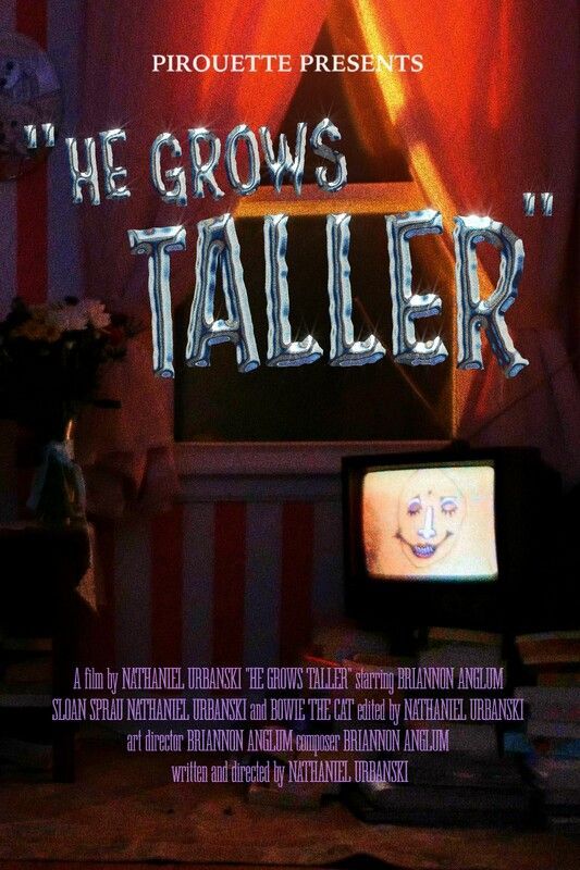 Vintage poster for the film “He Grows Taller,” with a glowing TV and red stage curtains