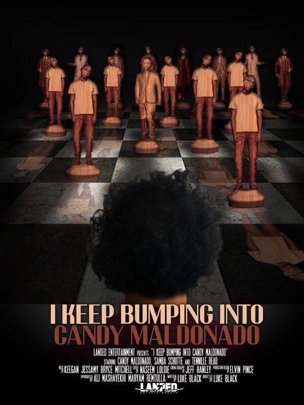 Movie poster: People as chess pieces. Large afro in front. Title: I Keep Bumping Into Candy Maldonado.