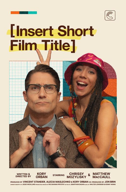 Poster for a short film: a man in a suit and a woman with a hat pose. The man is adjusting his bow tie.