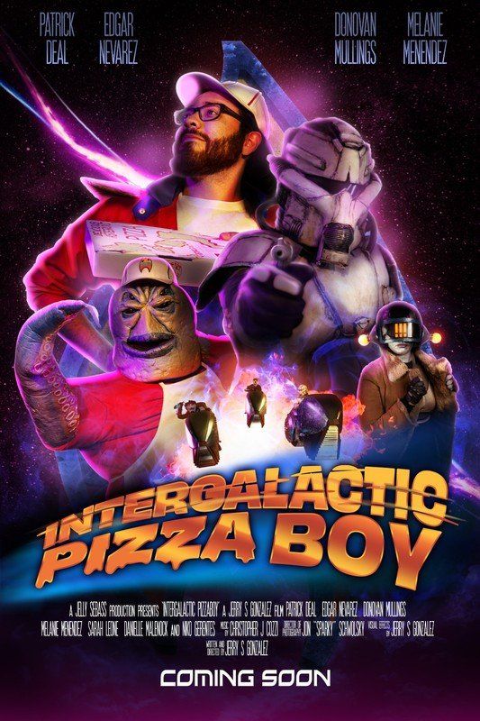 Movie poster: A pizza delivery boy and sci-fi characters amidst space-themed graphics, with a