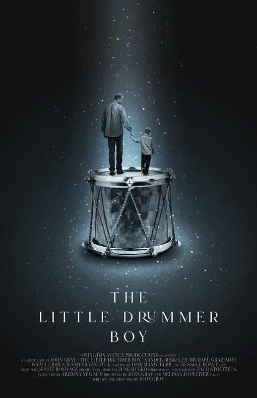 Man and child standing on a drum, reaching towards a bright light in a starry night sky.